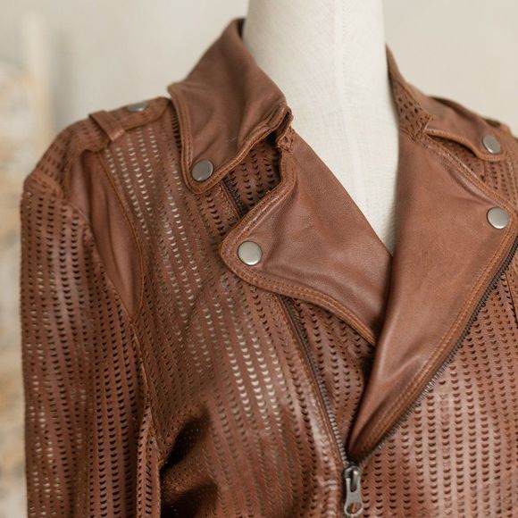 Women’s jakett New York Brown‎ Leather Perforated Moto Jacket sz M - Picture 4 of 17